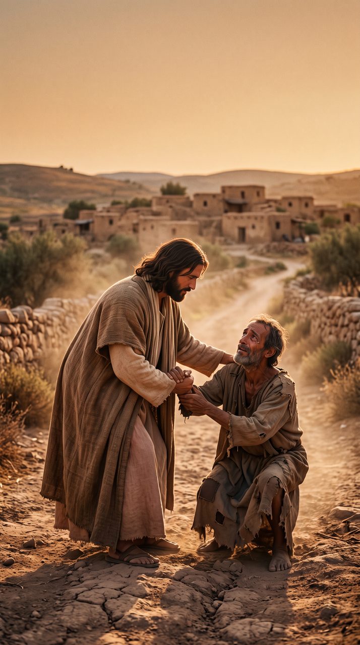 Jesus helping a man up on a dusty road at golden hour